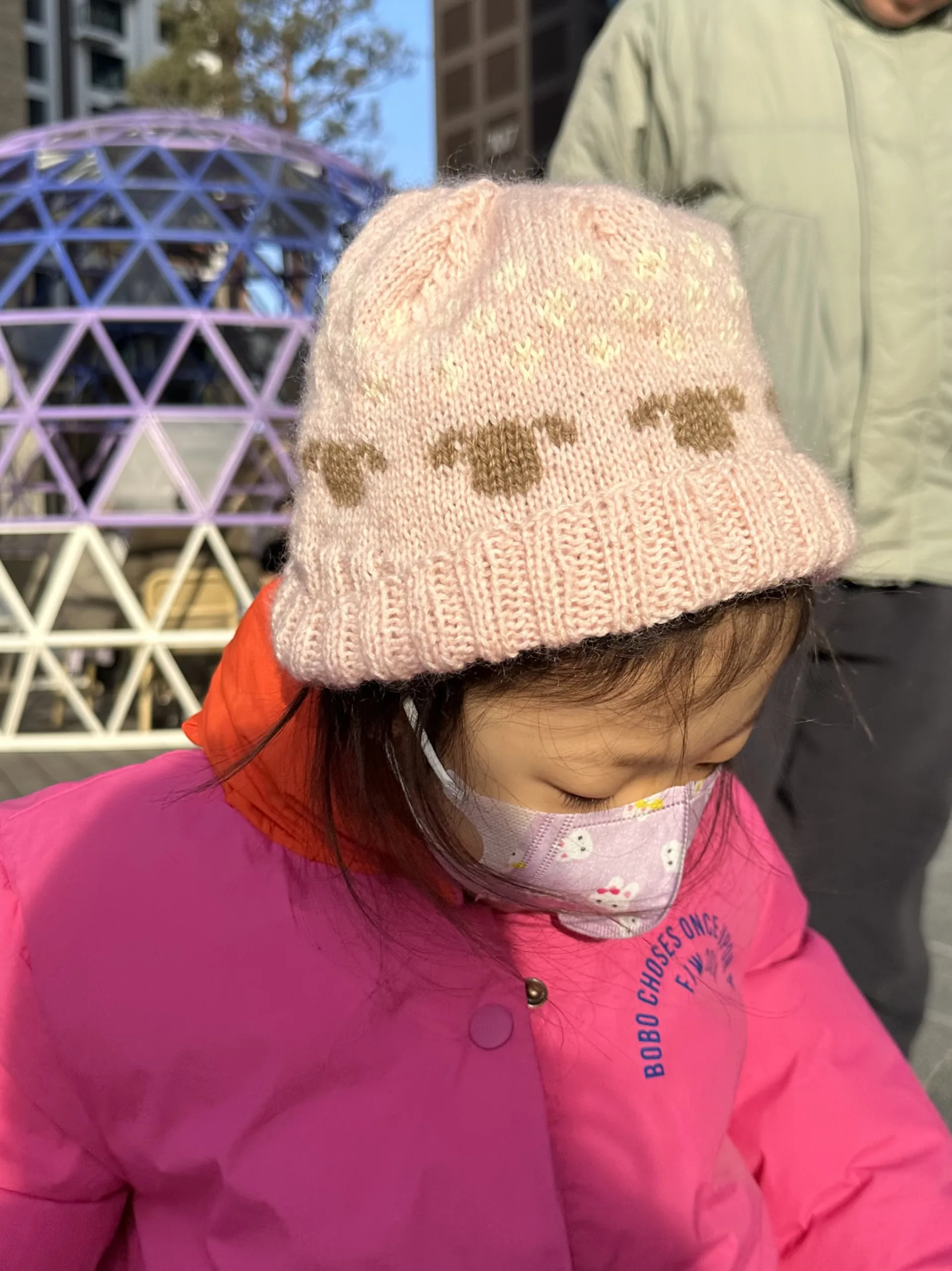 Close-up of the colorwork motif on a child's knitted winter hat